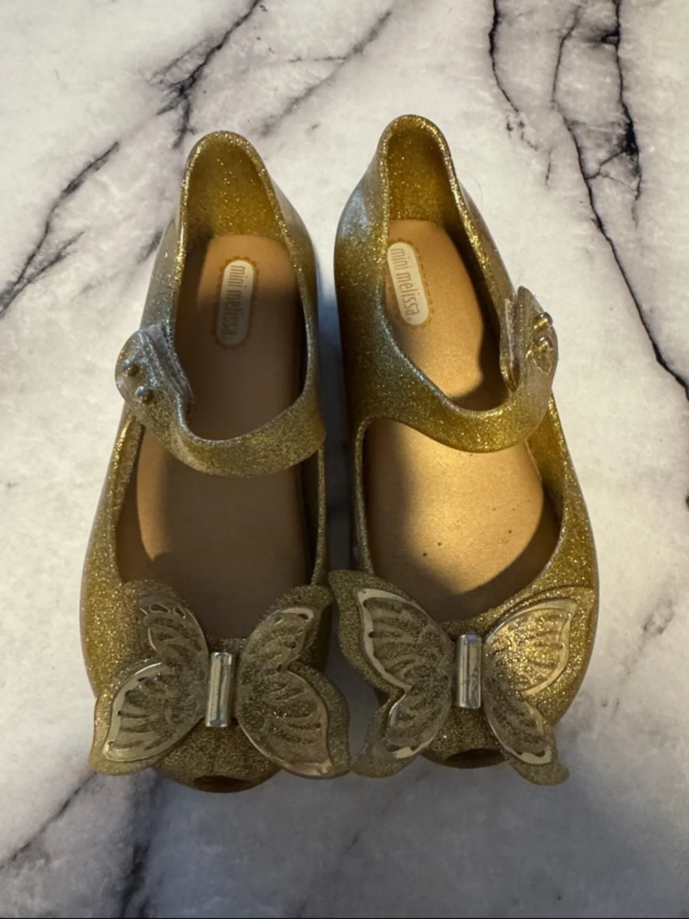 Mini Melissa Girls' Gold Glitter Butterfly Mary Jane Flats